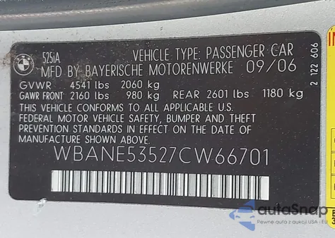 2007 BMW 525I from USA, damaged, VIN WBANE53527CW66701